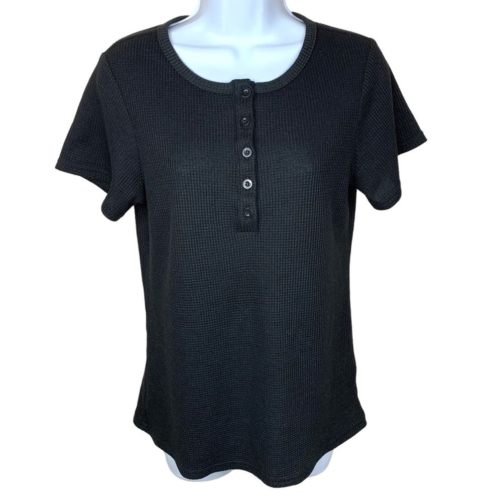 Black Waffle Knit Short Sleeve Stretch Top Medium Knit Casual